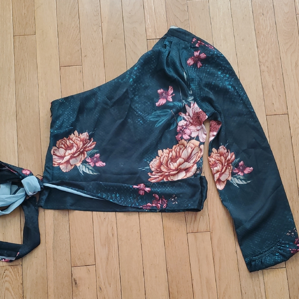 Guess One-Shoulder Floral Blouse - Teal and Pink